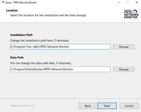 Setup Dialog: Location for Installation and Data Storage